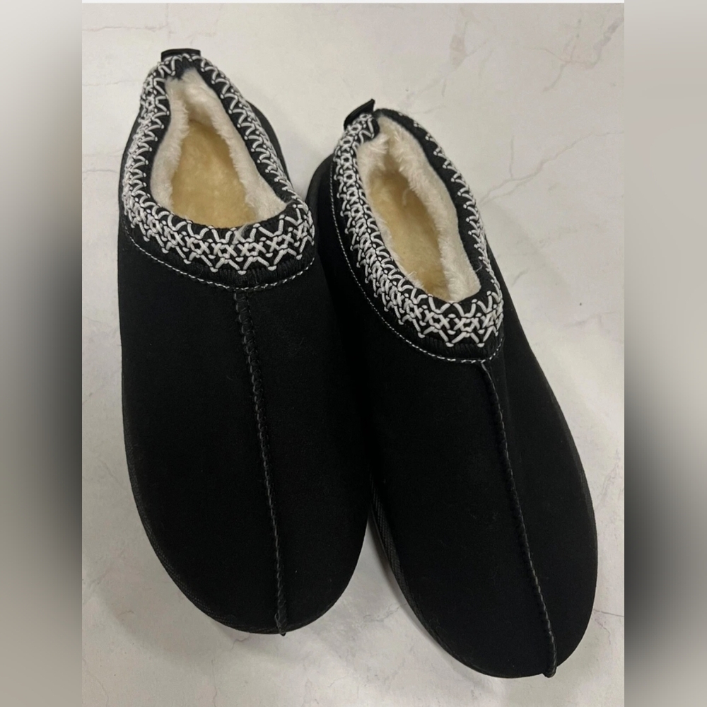 Women's Or Men's Black Cream Sherpa Lined Slippers Embroidered Detail